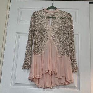 Free People Tell Tale Boho Lace High Neck Sheer Flowy Tunic Top
